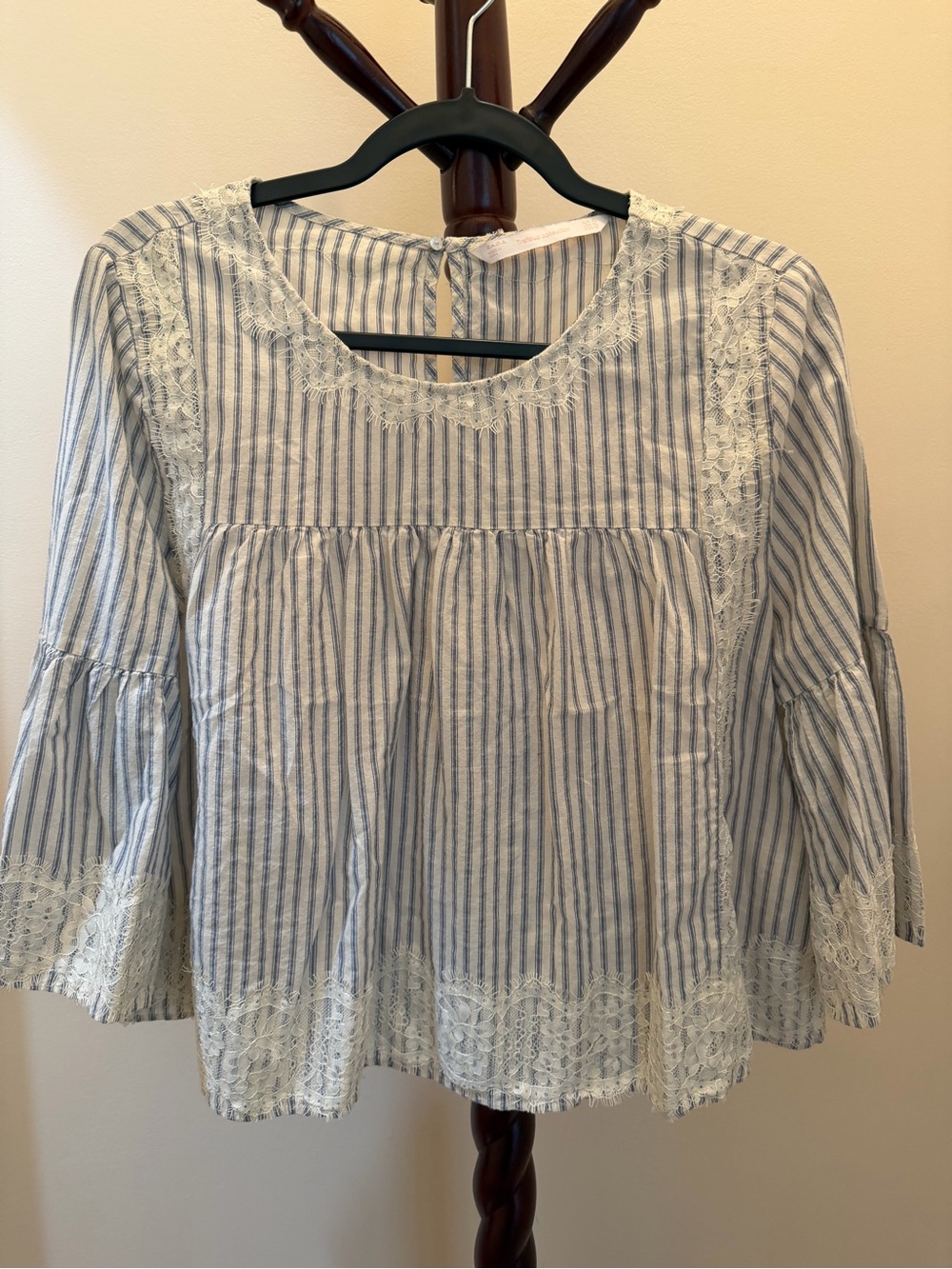 Zara Trafaluc collection Striped Blue & White Lace-Trim Women's Peasant Top